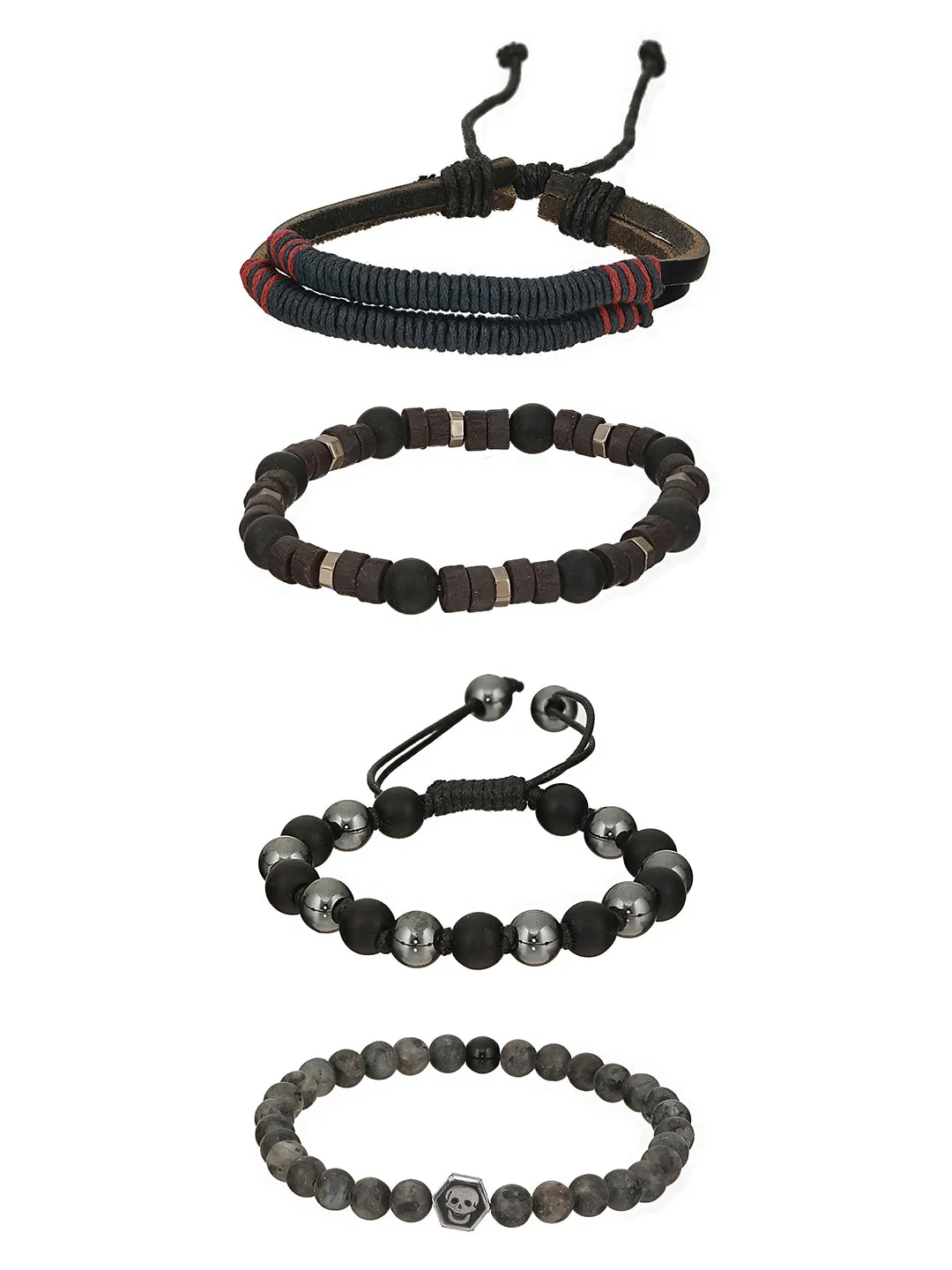 Men Pack Of 4 Blue & Black-Coloured Leather & Beads Wraparound Bracelet