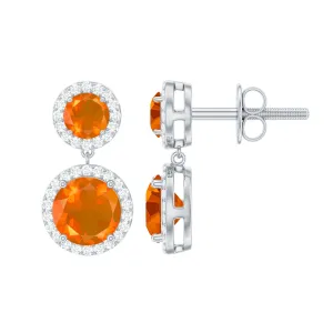 Natural Fire Opal and Diamond Halo Dangle Earrings