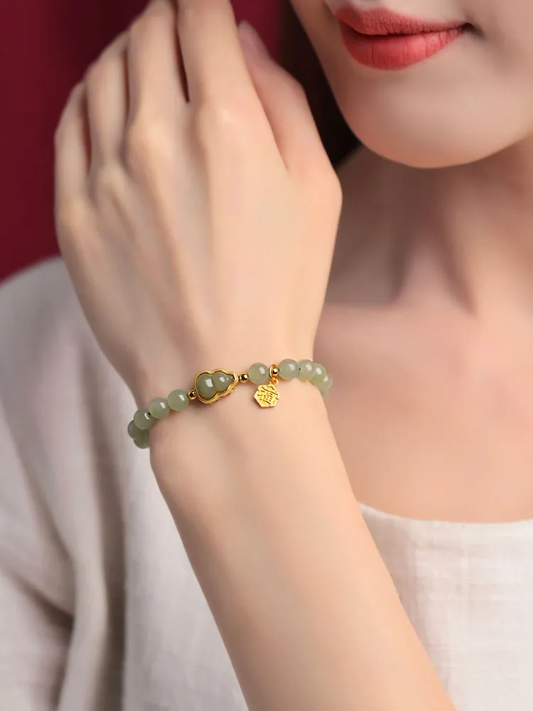 Natural Hetian Qingshui Jade Bracelet Adorned with Jade Gourd and the Chinese Character for '福' (fortune) Charm