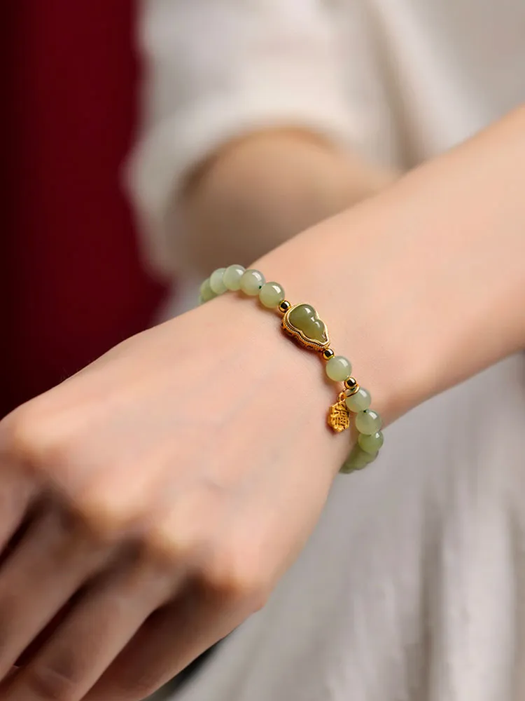 Natural Hetian Qingshui Jade Bracelet Adorned with Jade Gourd and the Chinese Character for '福' (fortune) Charm