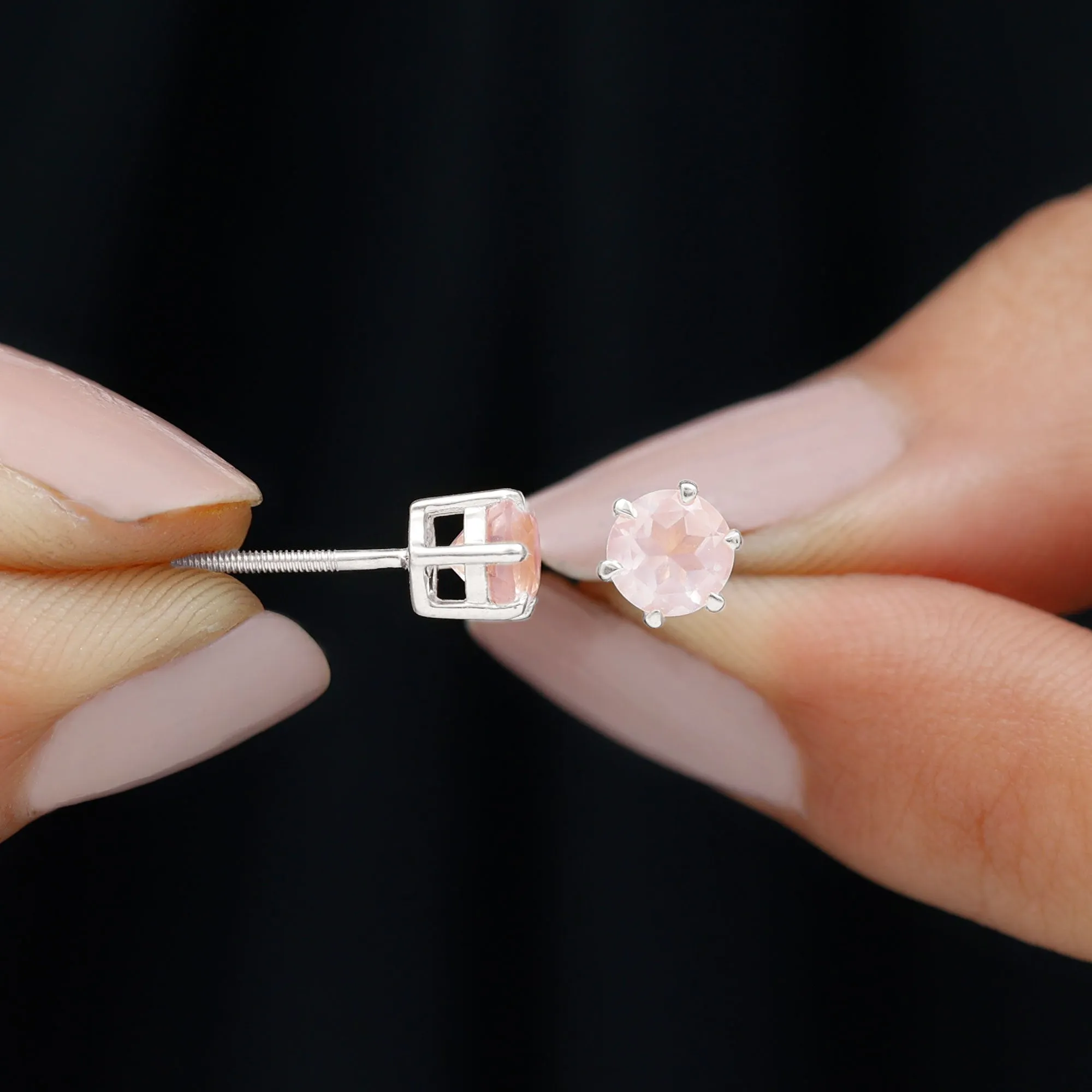 Natural Rose Quartz Solitaire Stud Earrings in 6 Claw Prong Setting