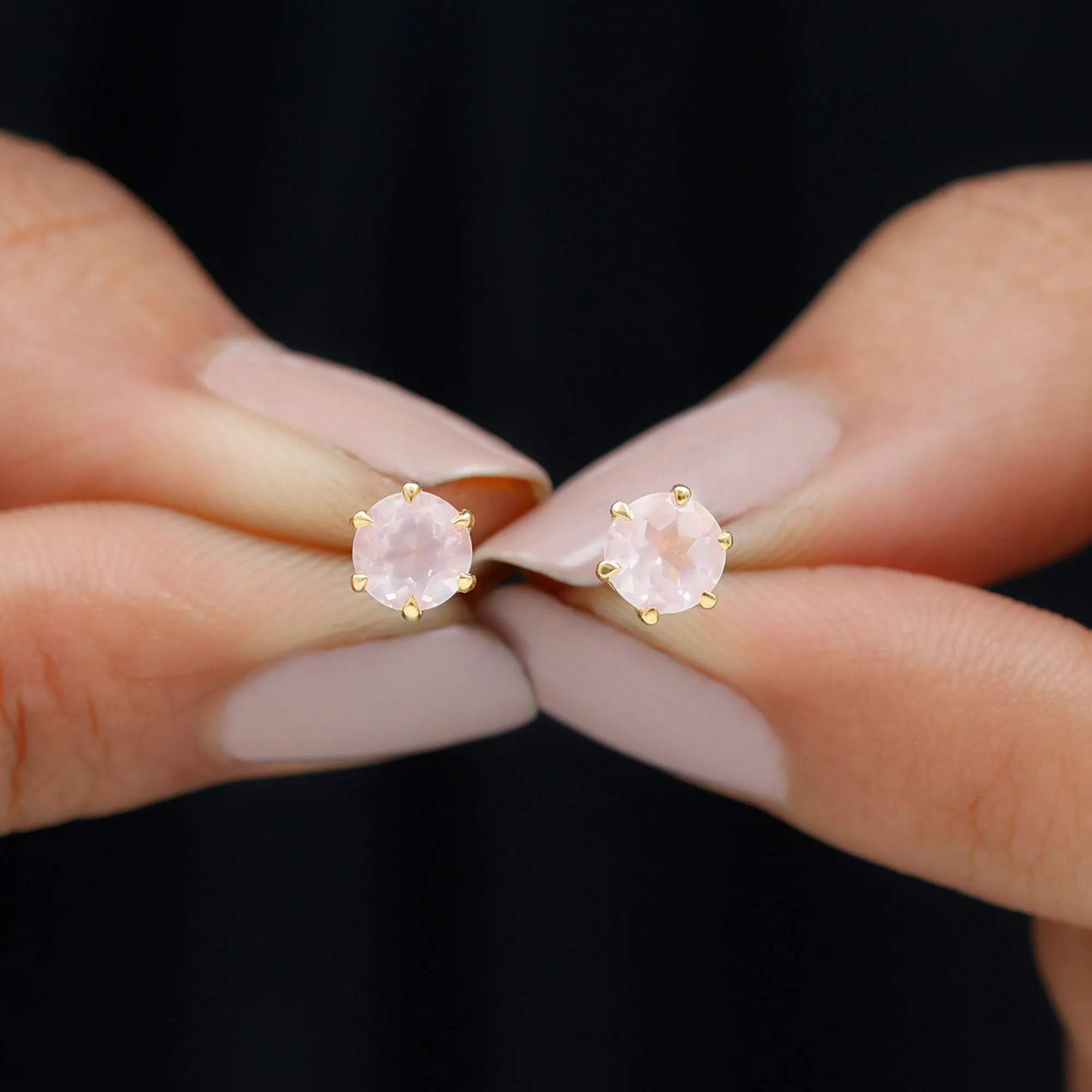 Natural Rose Quartz Solitaire Stud Earrings in 6 Claw Prong Setting