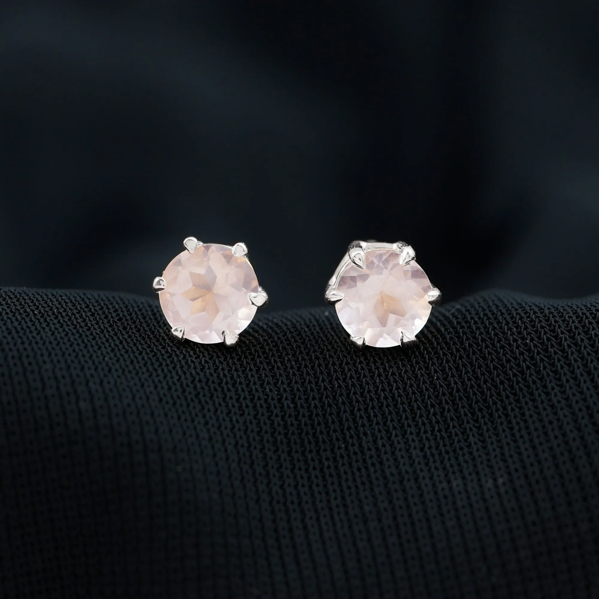 Natural Rose Quartz Solitaire Stud Earrings in 6 Claw Prong Setting