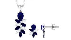 Nature Inspired Blue Sapphire and Diamond Dangle Pendant Earrings