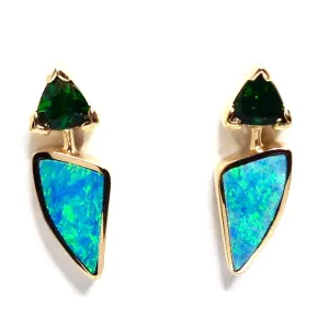 Opal Earrings Triangle Inlaid with Trillion Cut Tsavorite Design Studs