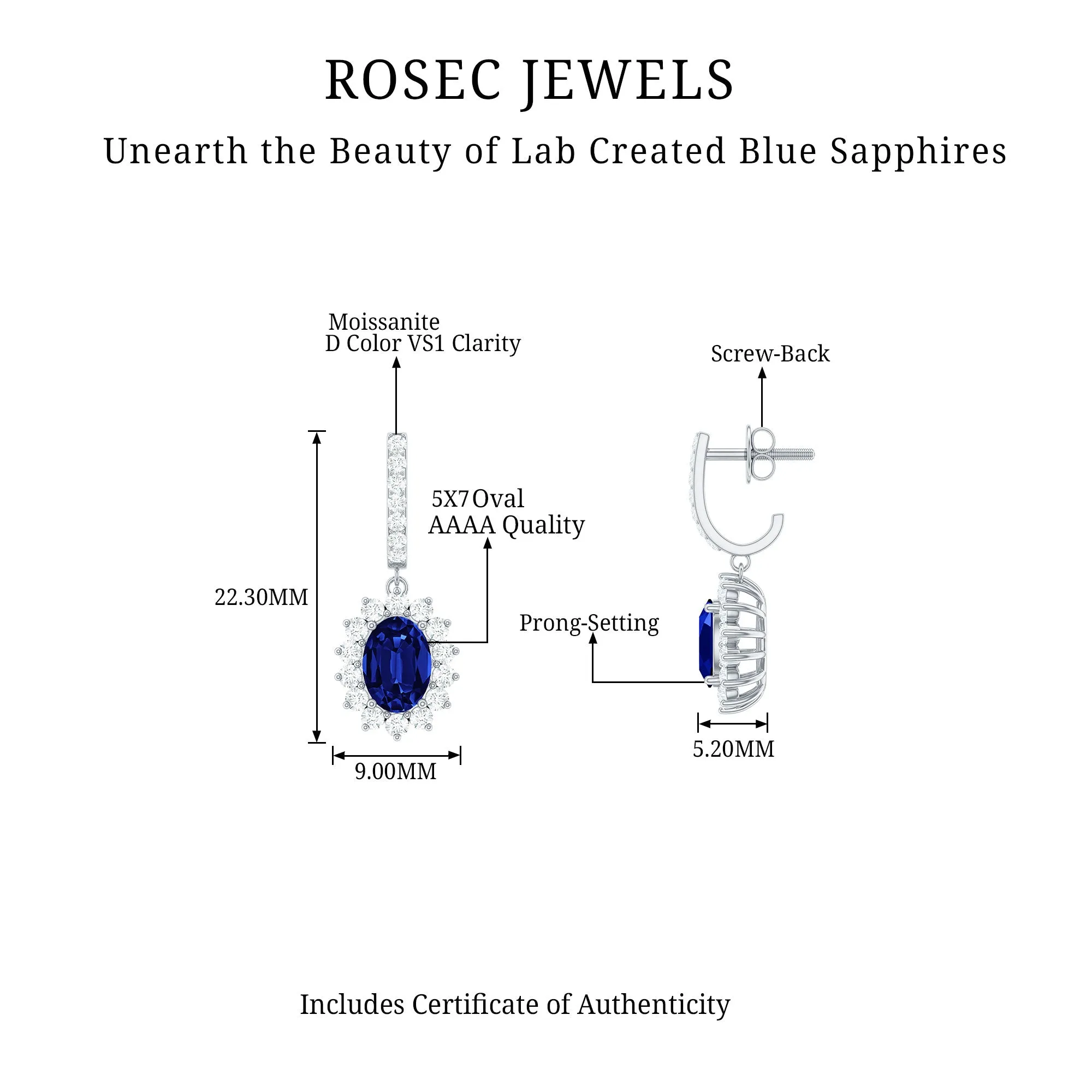 Oval Created Blue Sapphire J Hoop Earrings with Moissanite Halo