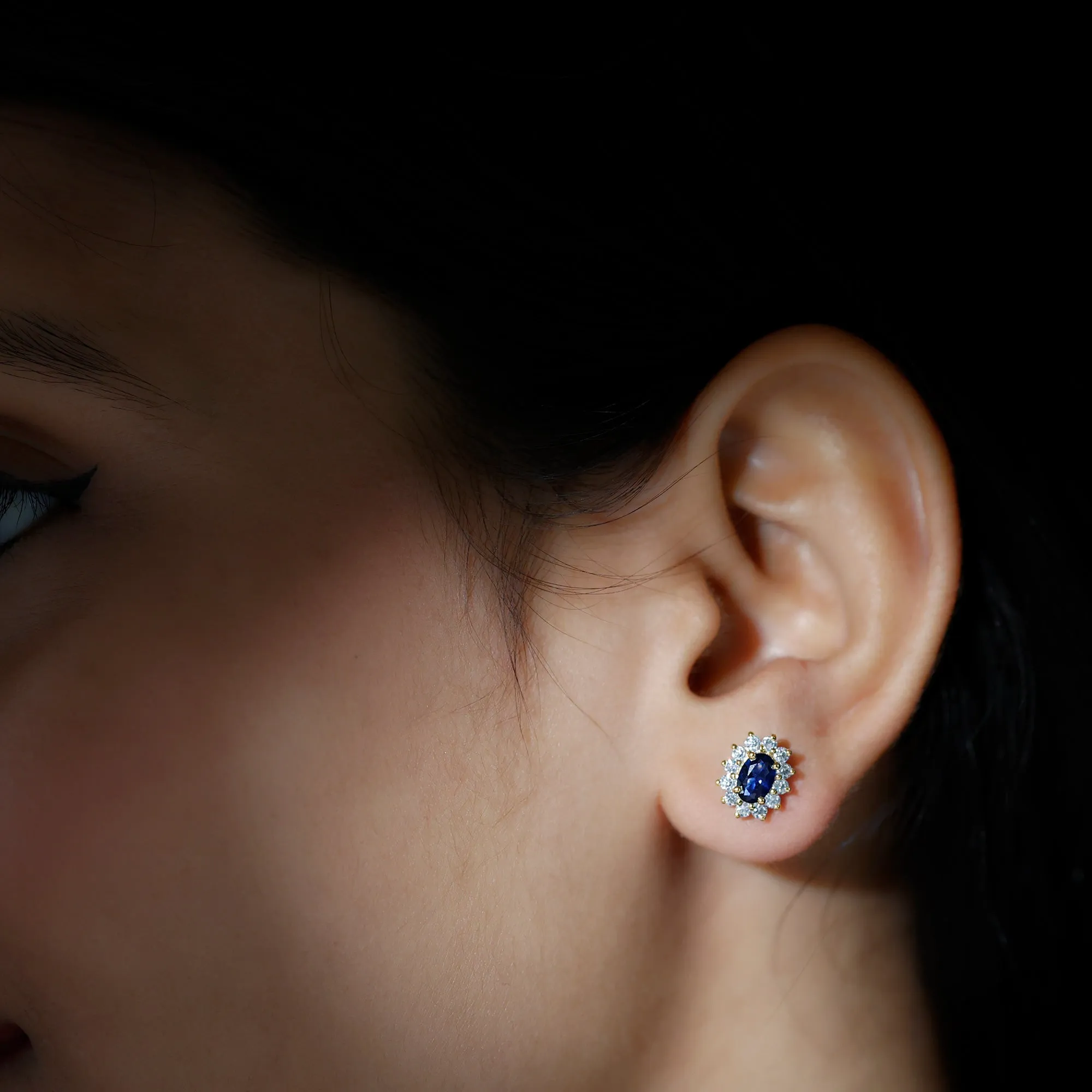 Oval Cut Created Blue Sapphire and Diamond Sunburst Stud Earrings