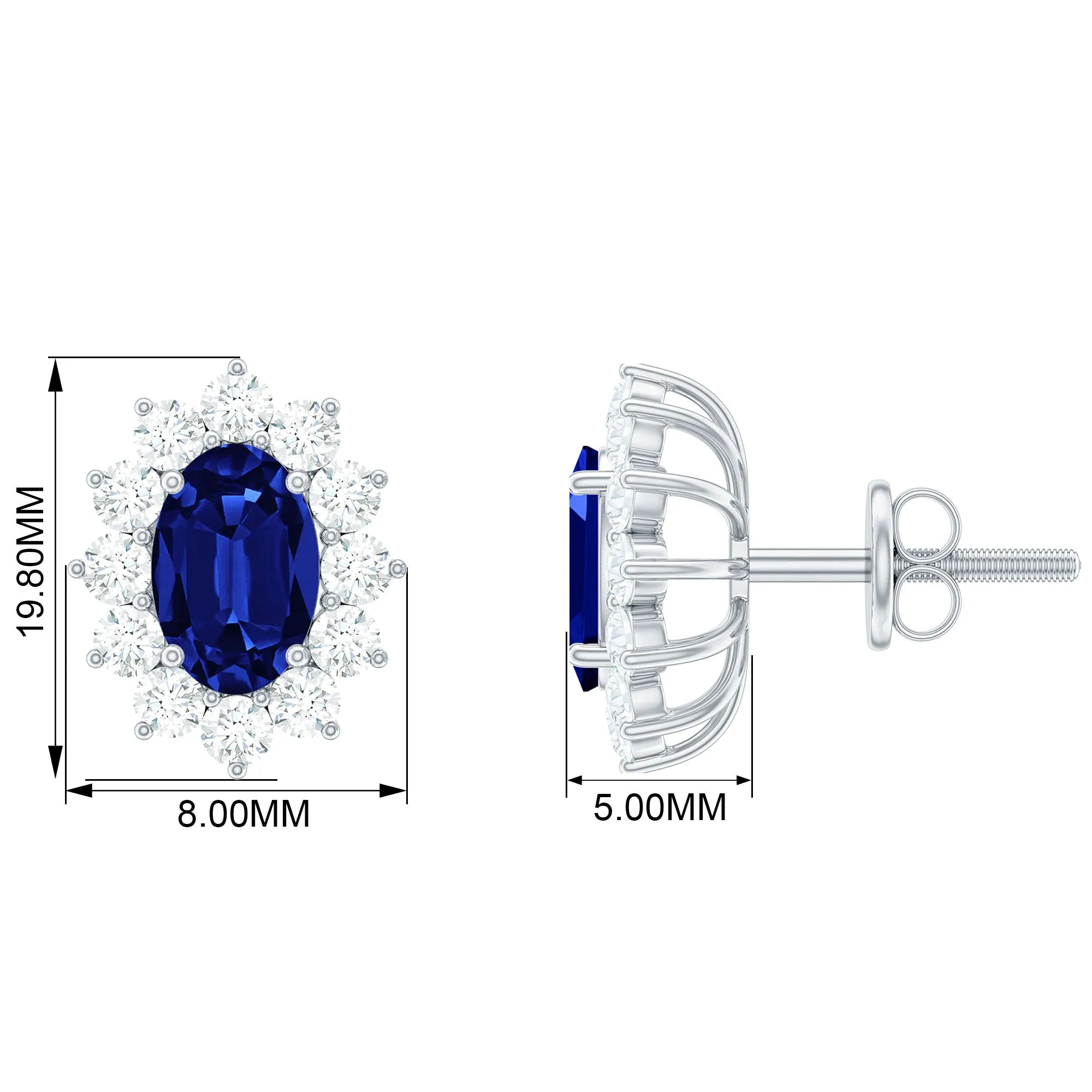 Oval Cut Created Blue Sapphire and Diamond Sunburst Stud Earrings