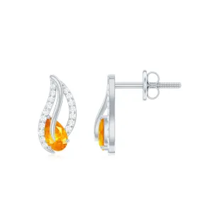 Pear Shape Orange Sapphire and Diamond Leaf Stud Earrings