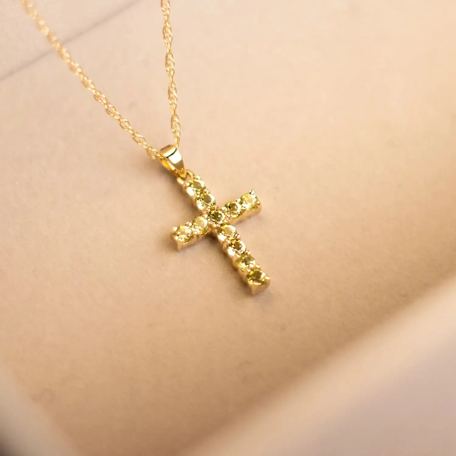 Peridot Cross Necklace in Solid Gold