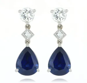 Platinum Diamond and Pear Shaped Blue Sapphire Drop Earrings