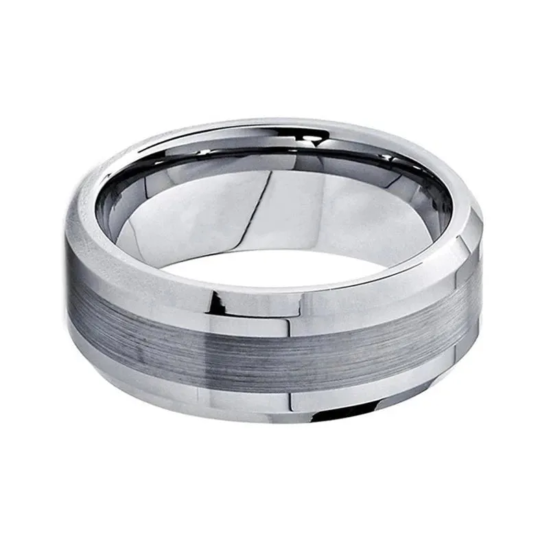 Polished Beveled Edge with Brushed Inlay Wedding Ring in Silver Tungsten (8mm)