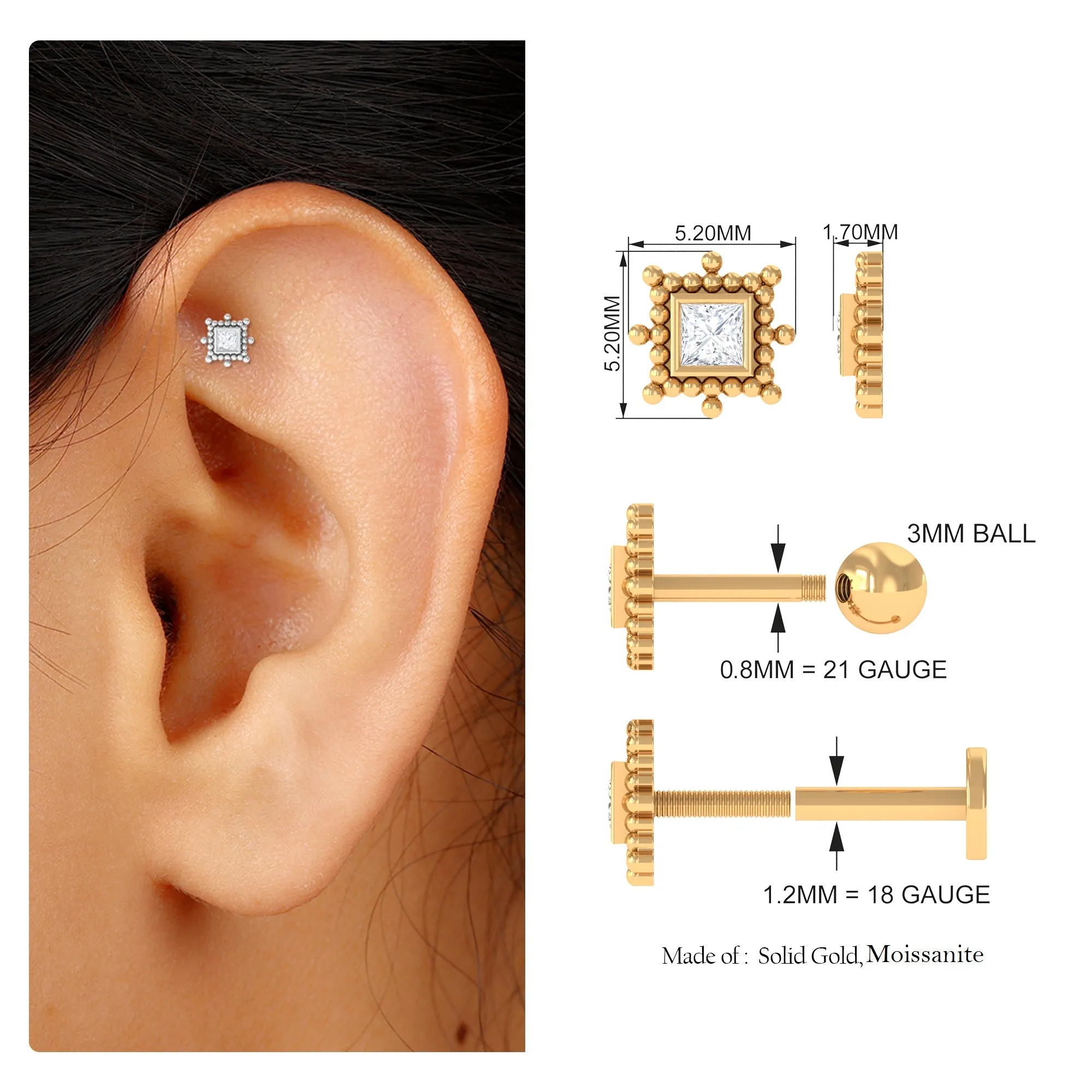 Princess Cut Moissanite Tragus Earring with Gold Beads