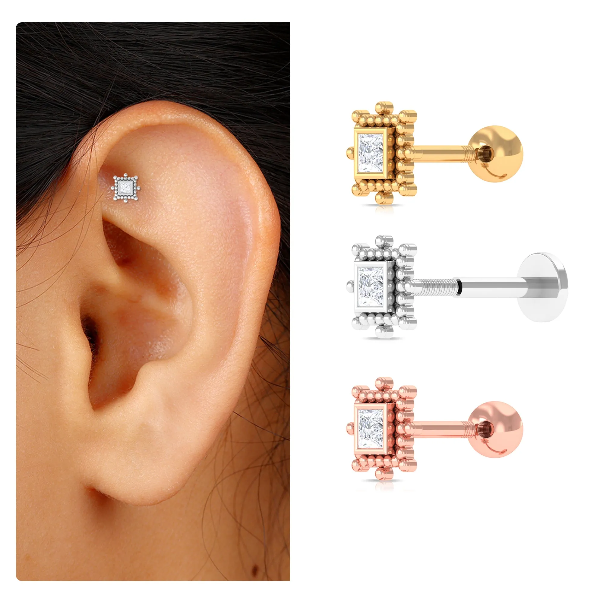 Princess Cut Moissanite Tragus Earring with Gold Beads