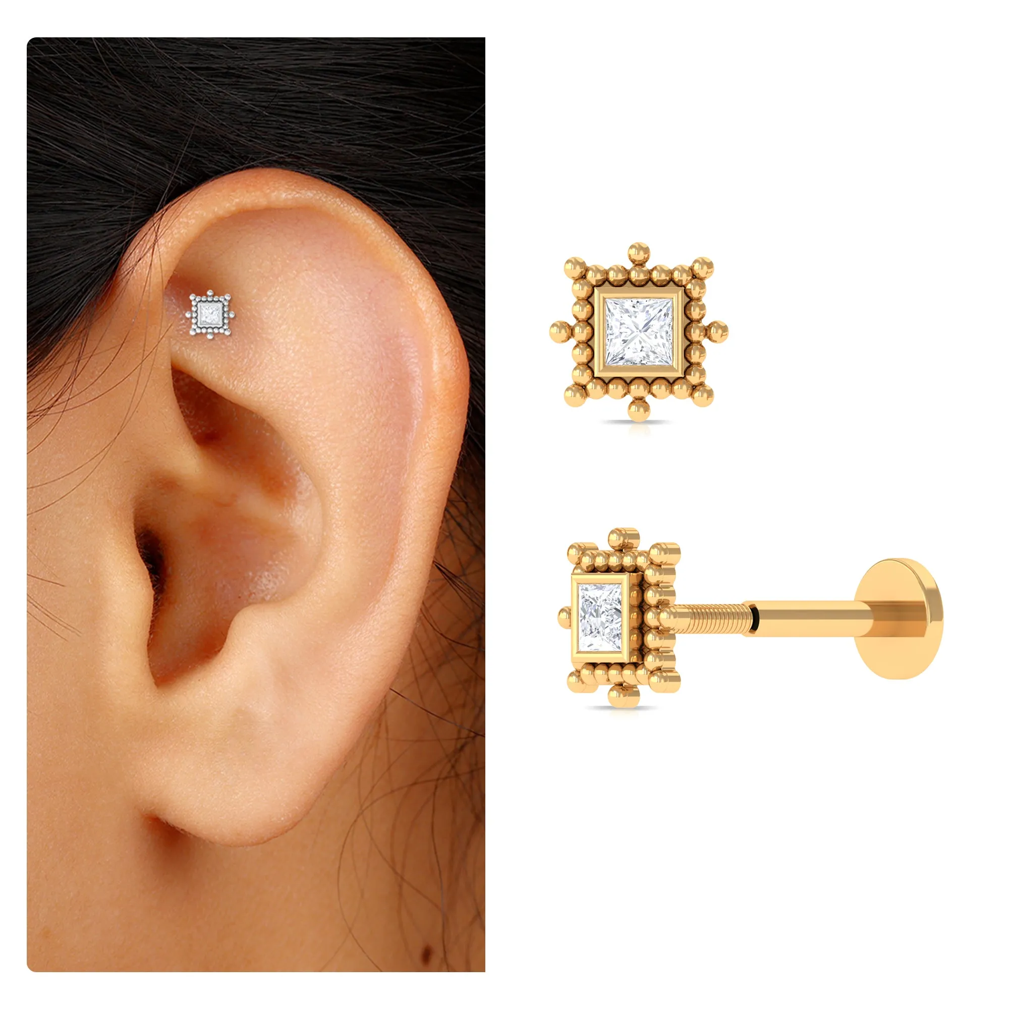 Princess Cut Moissanite Tragus Earring with Gold Beads