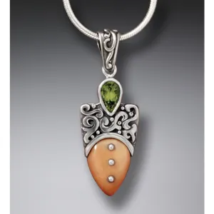 "Shield" Ancient Fossilized Walrus Tusk and Peridot Silver Pendant