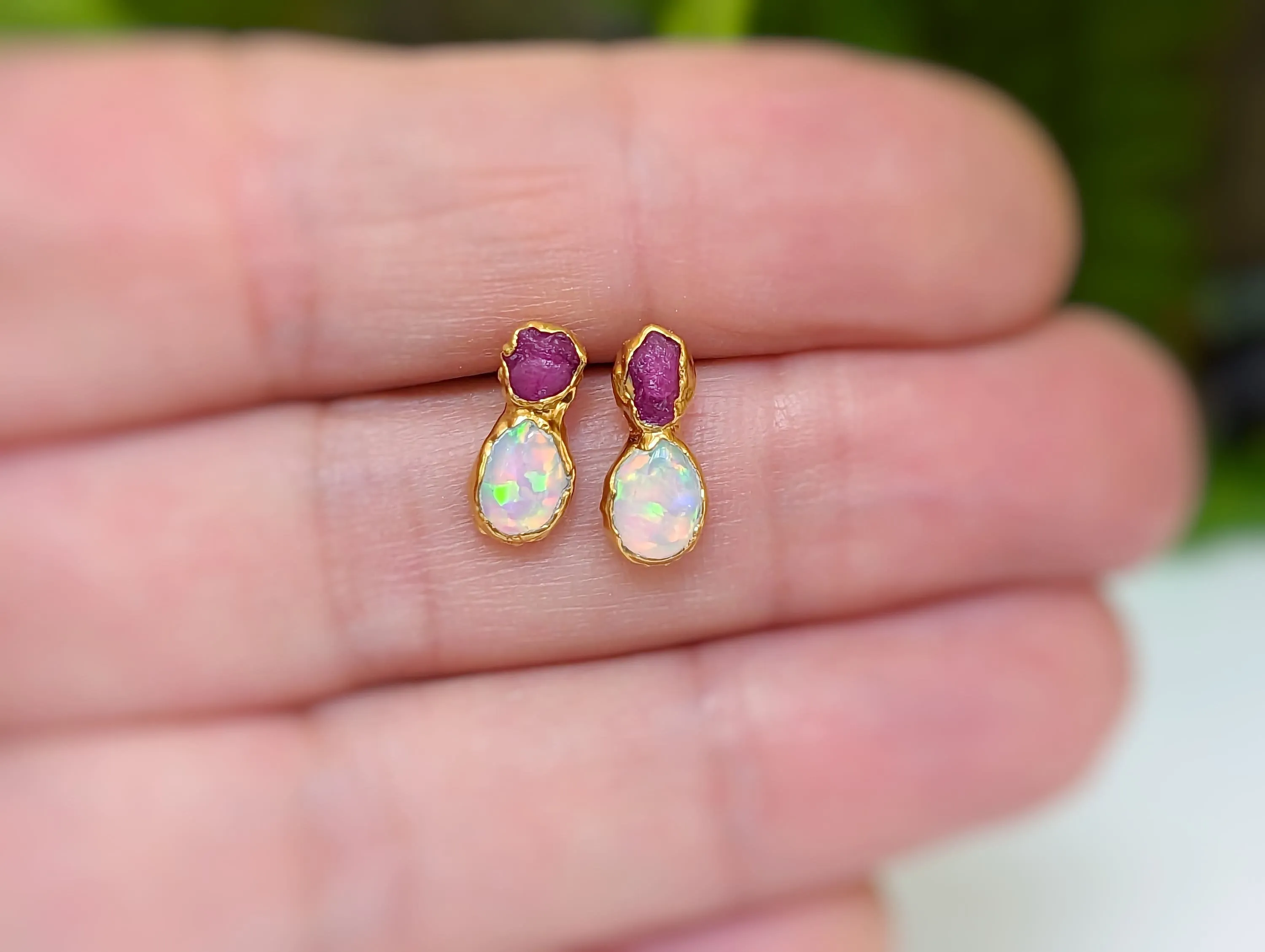 Raw Ruby and Opal stud earrings