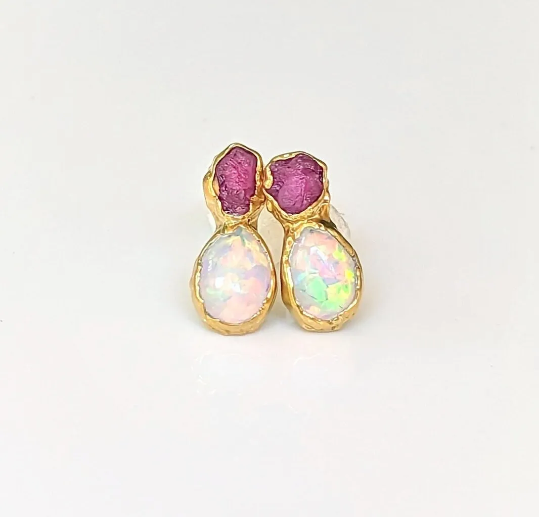 Raw Ruby and Opal stud earrings