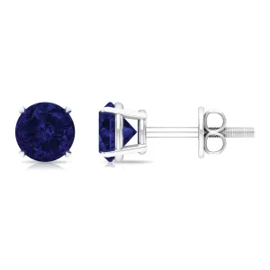 Round Created Blue Sapphire Solitaire Stud Earrings in Claw Setting