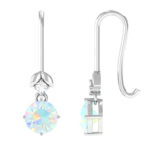 Round Ethiopian Opal and Diamond Drop Earrings with Fish Hook