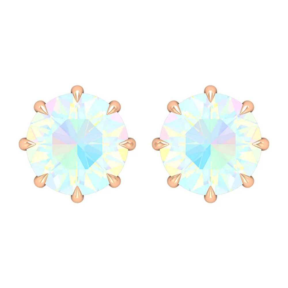 Round Shape Ethiopian Opal Solitaire Stud Earrings in 8 Claw Prong Setting