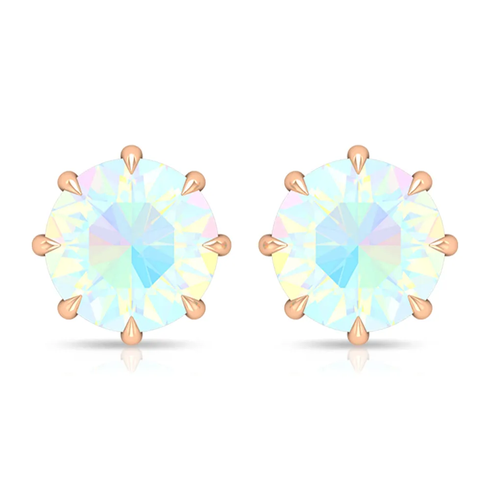 Round Shape Ethiopian Opal Solitaire Stud Earrings in 8 Claw Prong Setting