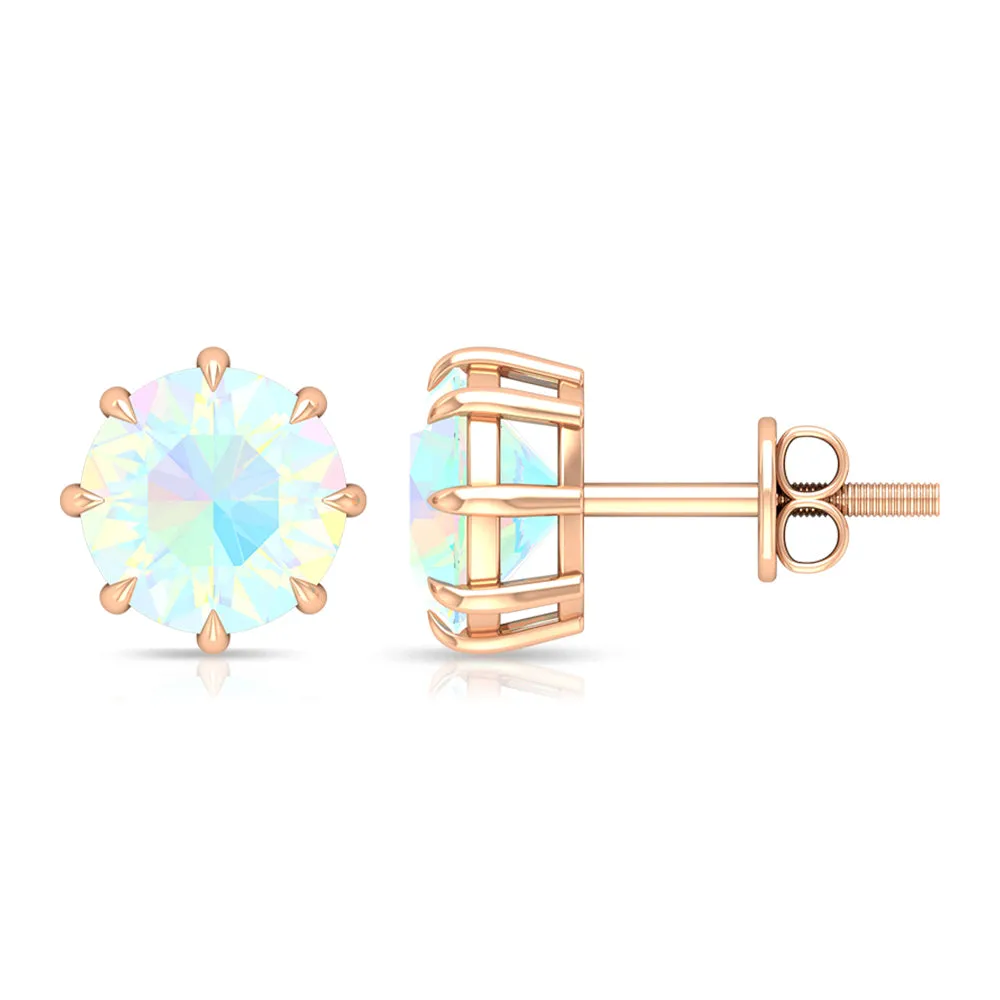 Round Shape Ethiopian Opal Solitaire Stud Earrings in 8 Claw Prong Setting