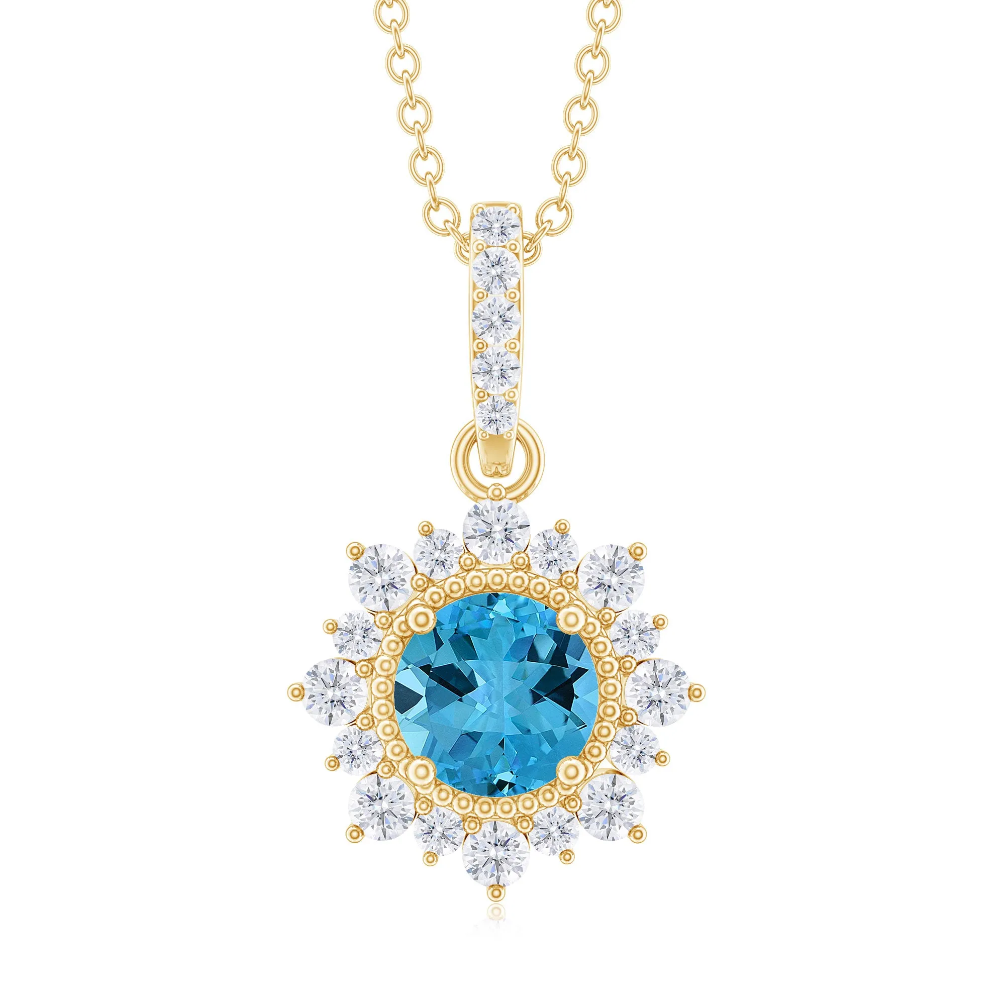 Round Swiss Blue Topaz Halo Pendant with Diamond Accent Bail