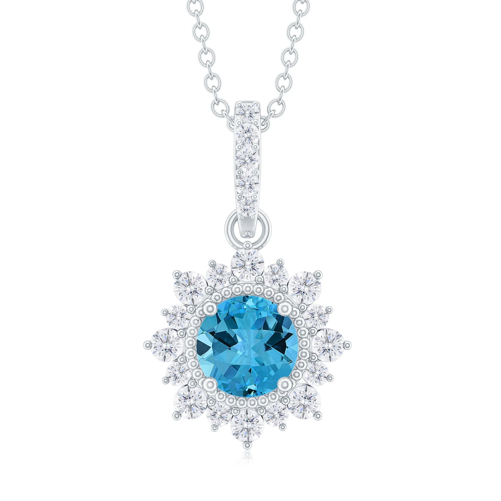 Round Swiss Blue Topaz Halo Pendant with Diamond Accent Bail