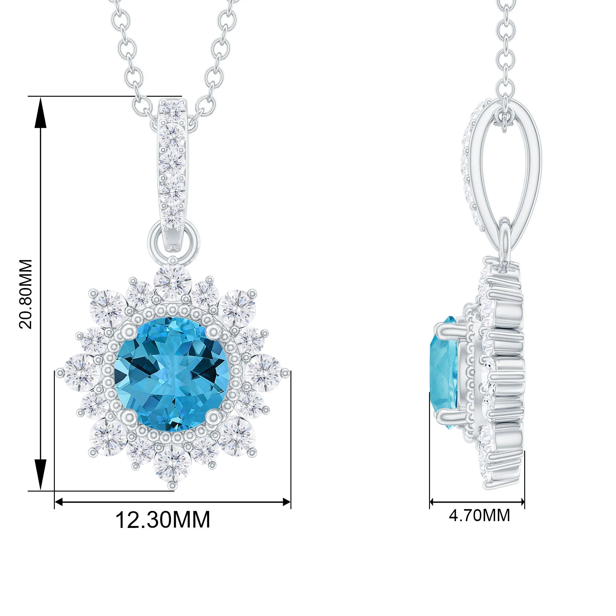 Round Swiss Blue Topaz Halo Pendant with Diamond Accent Bail