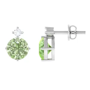 Simple Green Sapphire Solitaire Stud Earrings with Diamond