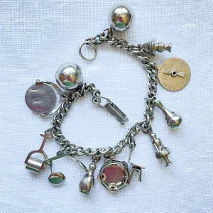 SOLD Vintage Silver Tone Charm Bracelet, MCM Costume Jewelry Bracelet, 12 Charms