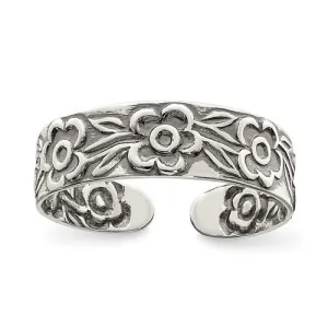 Sterling Silver Antiqued Flower 5mm Band Toe Ring