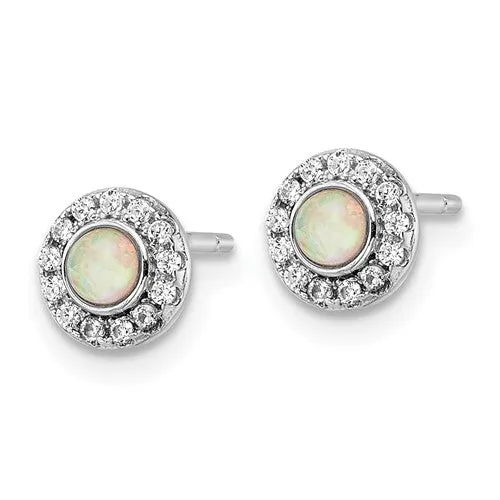 Sterling Silver Round Lab Created White Opal CZ Halo Earrings