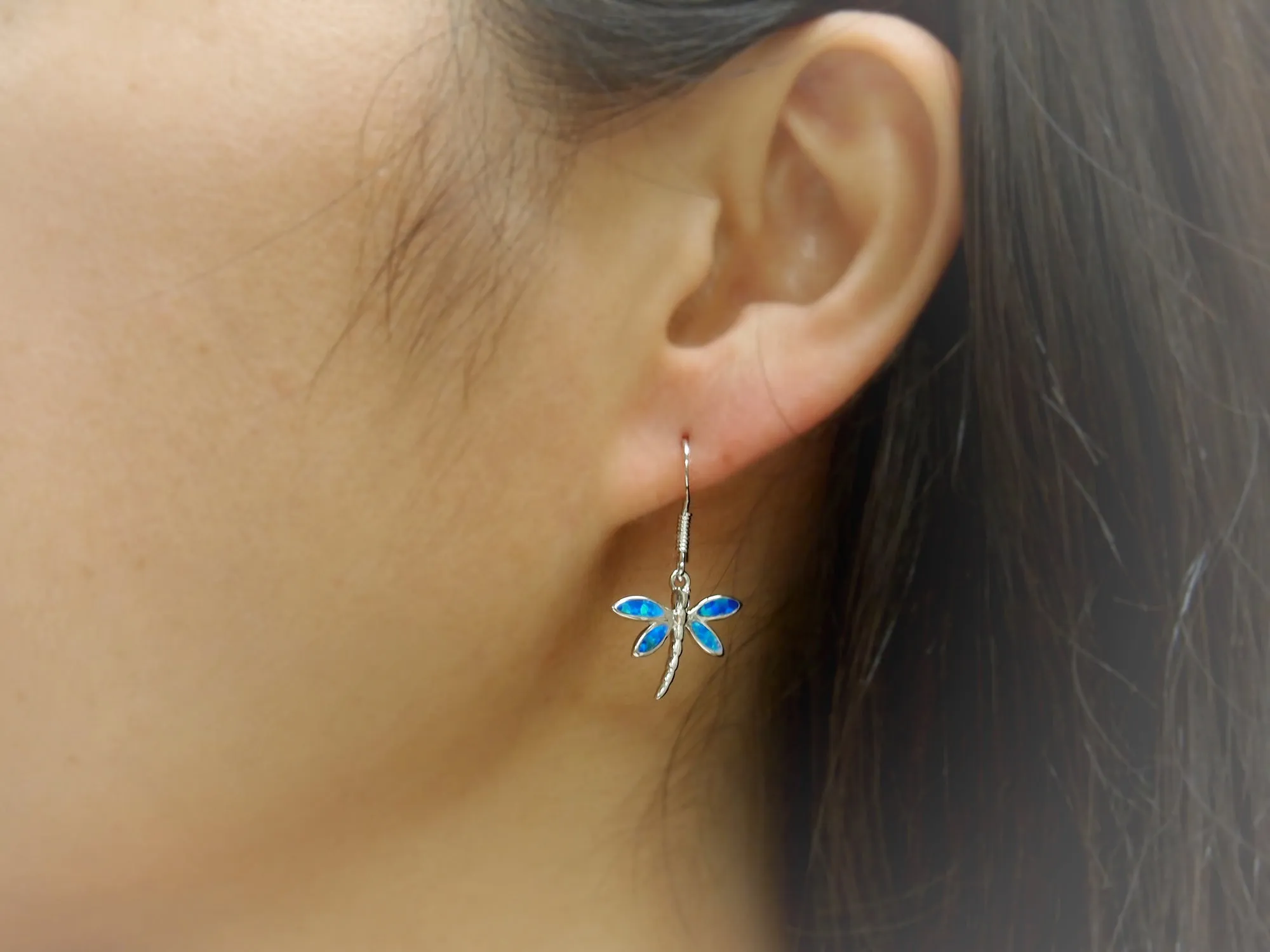 Sterling Silver Synthetic Blue Opal Dragonfly Dangle Earrings