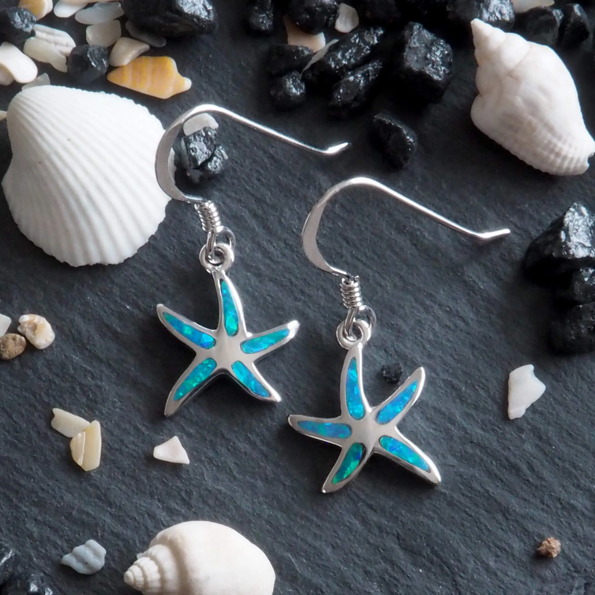 Sterling Silver Synthetic Blue Opal Starfish Dangle Earrings