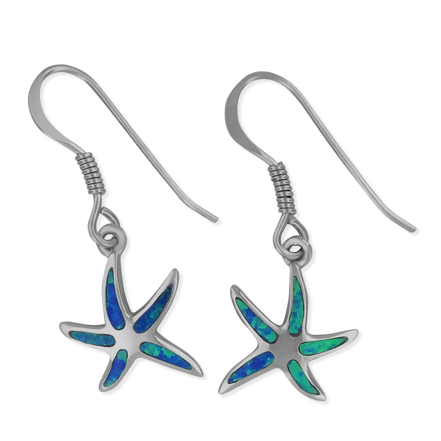 Sterling Silver Synthetic Blue Opal Starfish Dangle Earrings