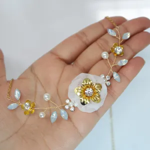 Swarovski Gold Opal Flower Crystal Necklace set , Long Bridal Jewelry Crystal Necklace Bridal Earrings Statement Earrings