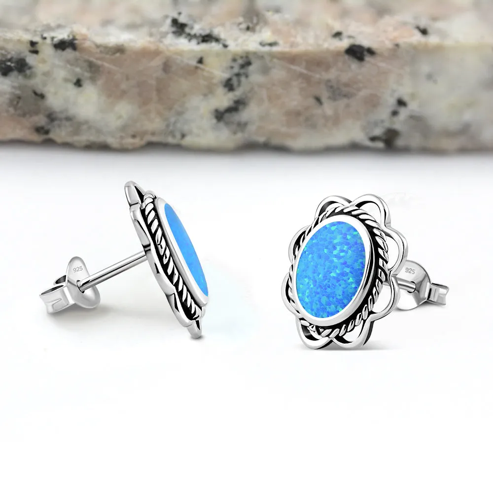 Synthetic Blue Opal Oval Stud Silver Earrings