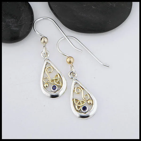 Tear Drop Earrings in Sterling Silver & Gold with Sapphire