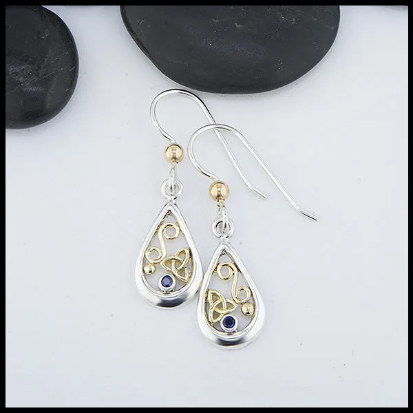 Tear Drop Earrings in Sterling Silver & Gold with Sapphire