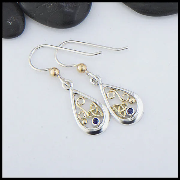 Tear Drop Earrings in Sterling Silver & Gold with Sapphire