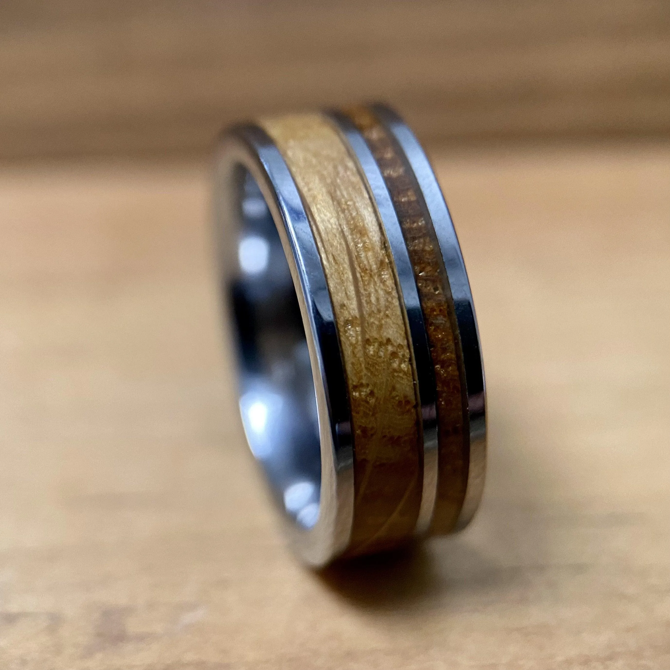 “The Whiskey Lover” Tungsten Ring With Reclaimed Bourbon Whiskey Barrel Wood