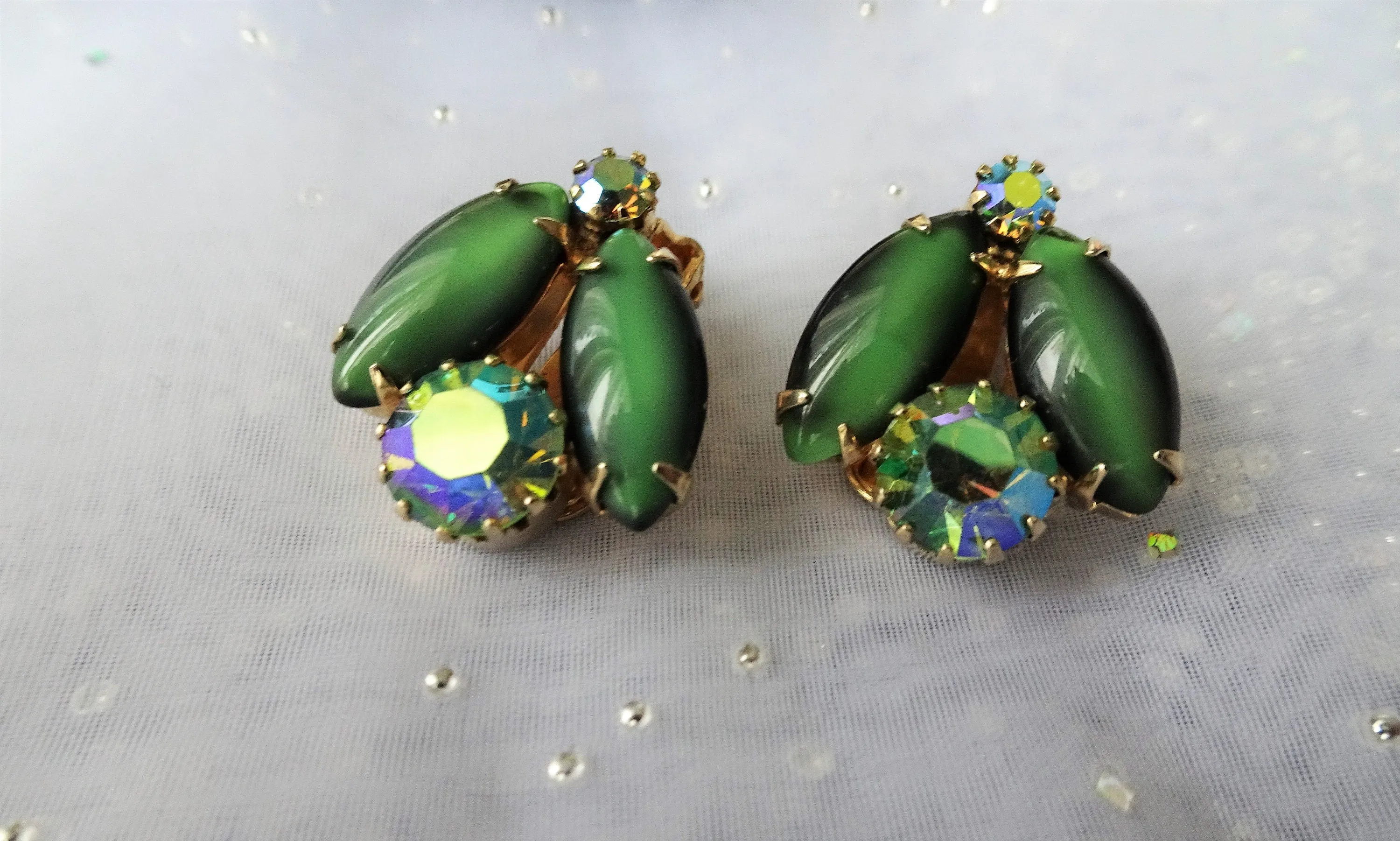 VINTAGE Earrings,Art Glass Green Moonstones,Glittering Aurora Borealis Rhinestones Clip Ons,Cluster Earrings,Collectible Mid Century Jewelry