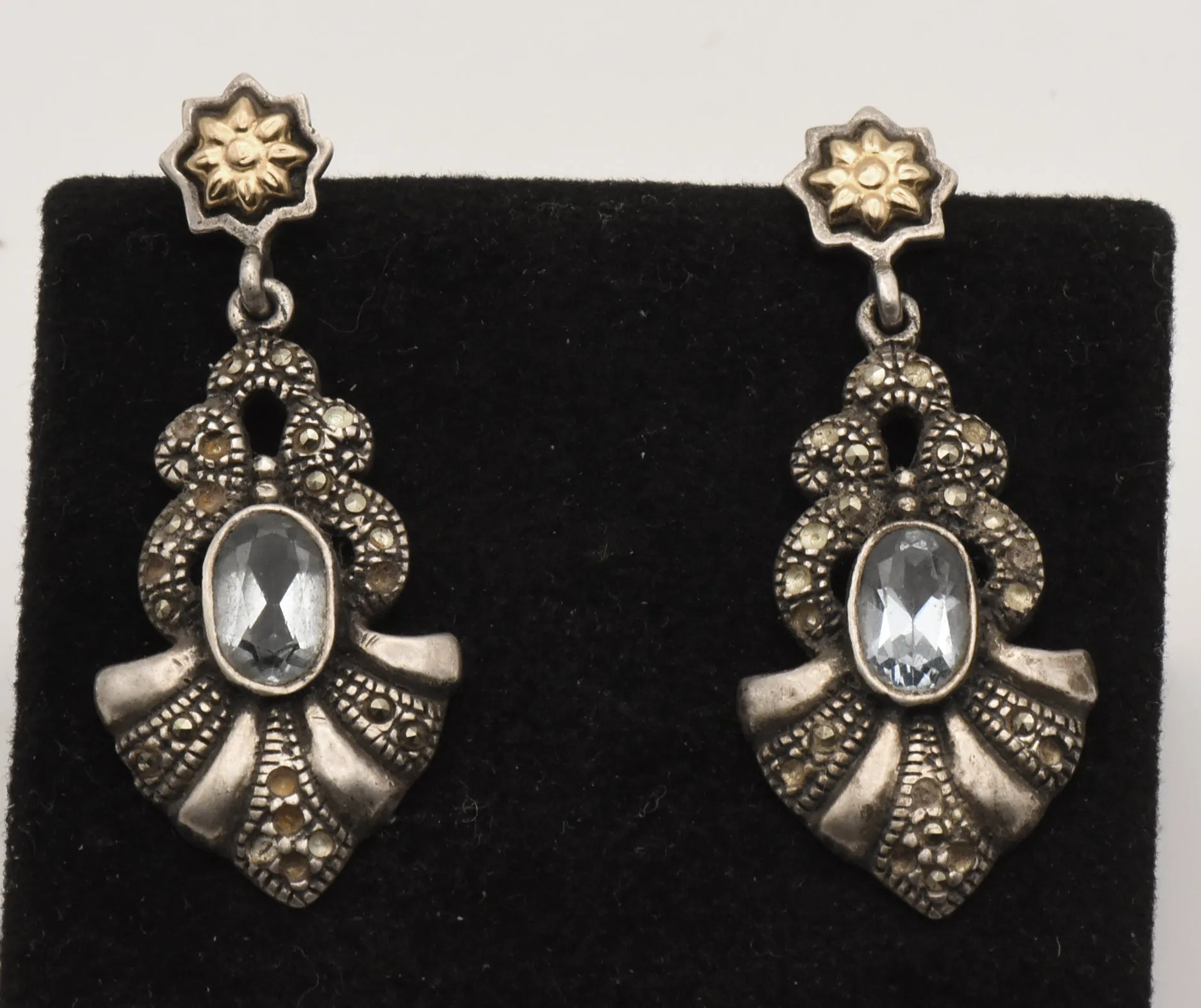 Vintage Sterling Silver Blue Topaz with Gold Accents Dangle Earrings (MISSING POST)