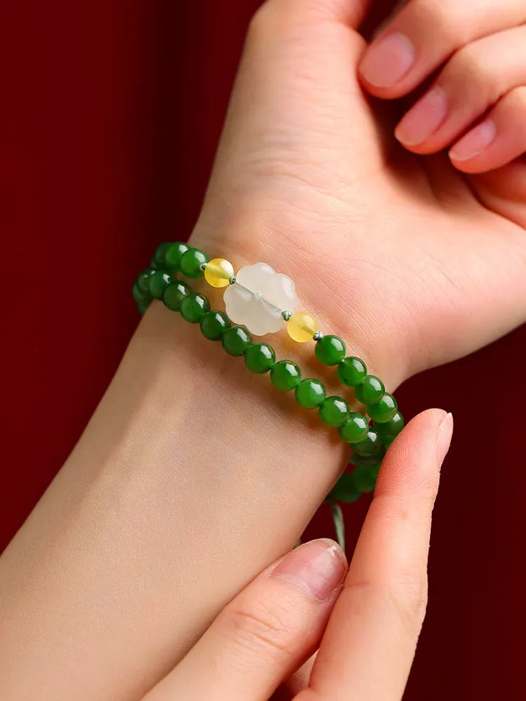 Xinjiang Hetian Jade Bracelet Adorned with a Four Leaf Clover Green Jade Biyu Bracelet